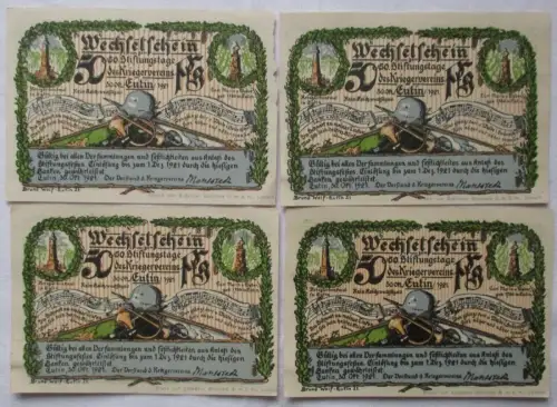 4 x 50 Pfennig Banknoten Notgeld Kriegerverein  Eutin 30.10.1921 (116935)