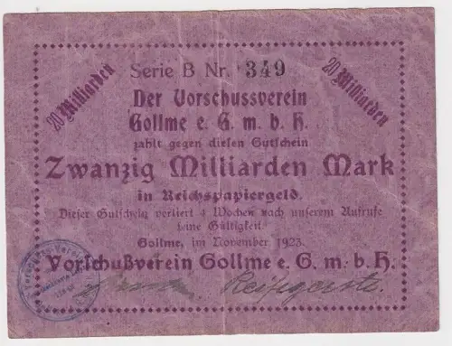 20 Mrd. Mark Banknote Vorschußverein Gollme Gollma b. Delitzsch 1923 (121999)