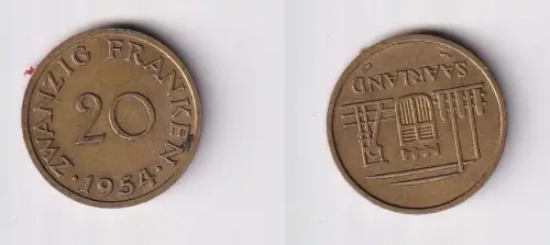 20 Franken Messing Münze Saarland 1954 vz (122515)