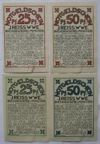 2 x 25, 2 x 50 Pfennig Banknoten Notgeld München Buchdruckerei J.Reiss (166890)