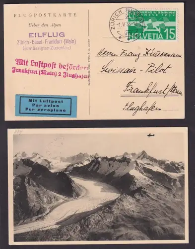 25302 Flugpostkarte über die Alpen Zürich Basel Frankfurt 1933