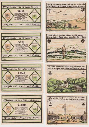 4 Banknoten Notgeld "Vogelkoje" Gemeinde Kampen auf Sylt 1.10.1921 (144595)