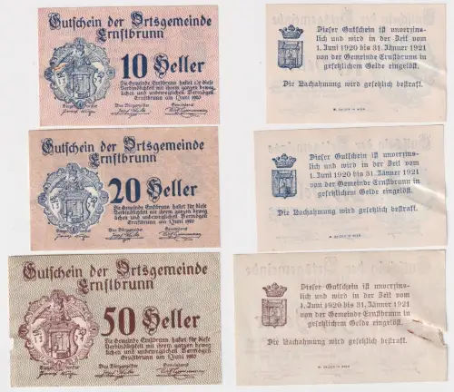 10, 20 und 50 Heller Banknoten Notgeld Gemeinde Ernstbrunn 1920 (158335)