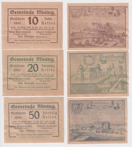 10, 20 und 50 Heller Banknoten Notgeld Gemeinde Mining 1920 (168411)