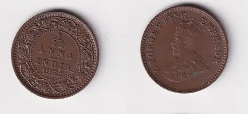 1/12 Anna Kupfer Münze Indien 1932 vz (152914)