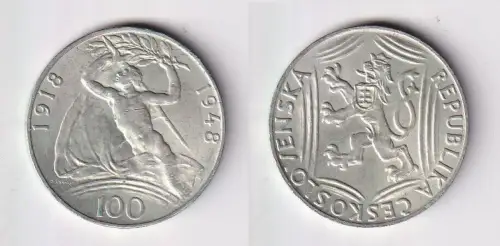 100 Kronen Silber Münze Tschechoslowakei 1948 ss+ (161957)