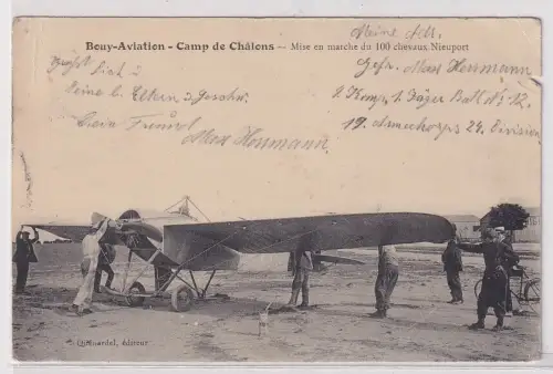 39591 Ak Militärlager Champ de Châlons Inbetriebnahme Propellerflugzeug 1914