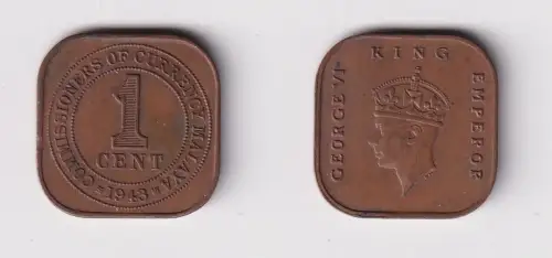 1 Cent Kupfer Münze Britisch Malaya 1943 (133020)