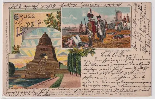 37645 Ak Gruss aus Leipzig Napoleon an Tabaksmühle u. Völkerschlachtdenkmal 1904