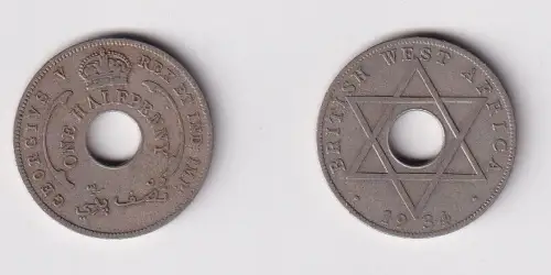 1/2 Penny Kupfer Nickel Münze Britisch Westafrika 1934 Lochmünze f.ss (169893)
