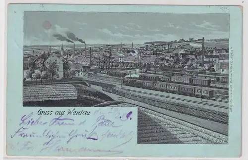 908193 Mondscheinkarte Gruß aus Werdau Bahnhof mit Zügen 1908