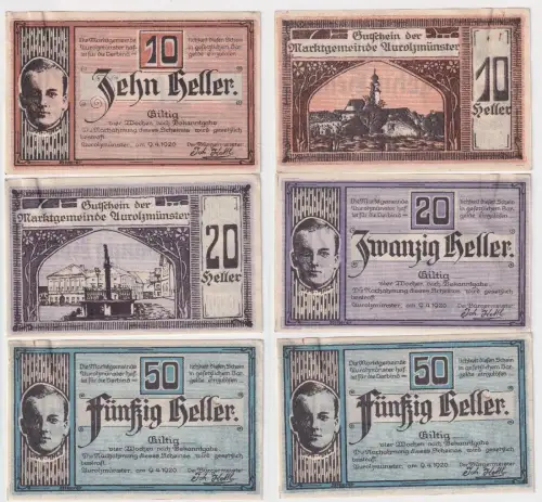 3 Banknoten 10 bis 50 Heller Notgeld Gemeinde Aurolzmünster 1920 (168410)
