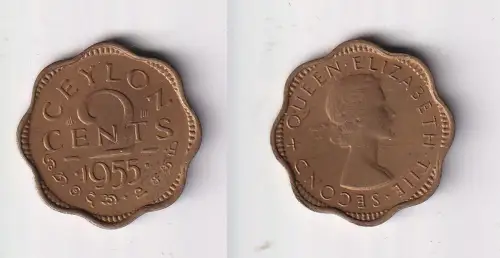 2 Cent Kupfer Münze Ceylon Sri Lanka 1955 Elizabeth (146204)