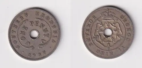1 Penny Kupfer Nickel Münze South Rhodesia Süd Rhodesien 1937 ss (101306)