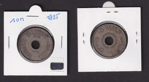 10 Mils Kupfer-Nickel Münze Palästina Palestine 1935 Lochmünze ss+ (166457)