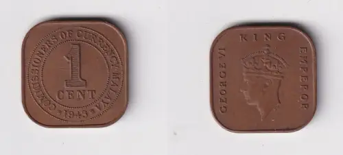 1 Cent Kupfer Münze Britisch Malaya 1943 (141359)