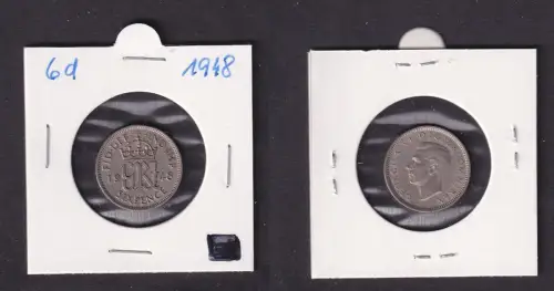6 Pence Kupfer Nickel Münze Großbritannien  Georg VI. 1948 ss+ (166375)