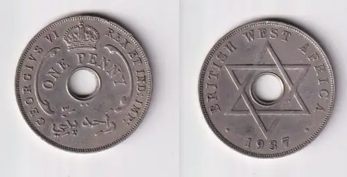 1 Penny Kupfer Nickel Münze Britisch Westafrika 1937 Lochmünze ss (169848)