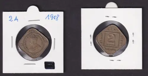 2 Anna Kupfer-Nickel Münze Indien 1918 Georg V. (168042)