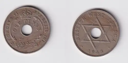 1 Penny Kupfer Nickel Münze Britisch Westafrika 1943 Lochmünze ss (169849)