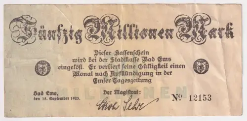 50 Millionen Mark Banknote Inflation Stadt Bad Ems 15.September 1923 (169230)