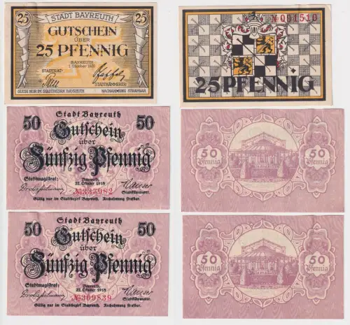 3 Banknoten Notgeld Stadt Bayreuth 1918/1920 (168975)