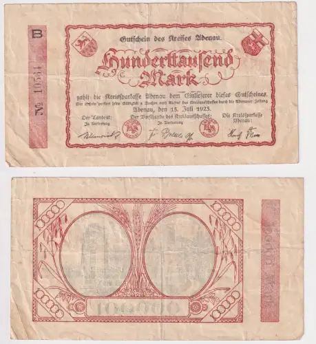 100000 Mark Banknote Inflation Kreis Adenau 15.Juli 1923 (169935)