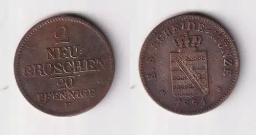 2 Neu Groschen Silber Münze Sachsen 1851 F s/ss (169391)