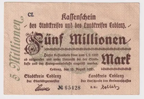 5 Millionen Mark Banknote Inflation Stadtkreis Coblenz 15.8.1923 (169404)