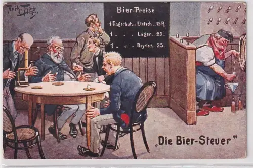 68638 Künstler AK Arthur Thiele Die Bier-Steuer! Humor Kneipe um 1910