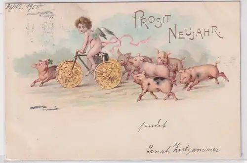 34601 AK Prosit Neujahr! Engel auf Fahrrad m. Münzen als Räder, Schweine 1900