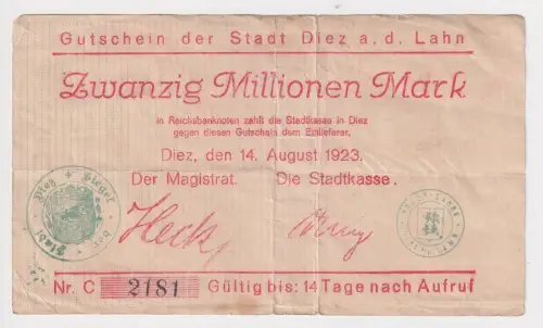 20 Millionen Mark Banknote Inflation Stadt Diez a.d. Lahn 14.8.1923 (169363)