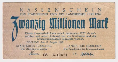 20 Millionen Mark Banknote Inflation Stadtkreis Coblenz 15.8.1923 (169364)