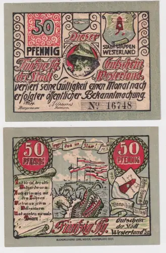 50 Pfennig Banknote Notgeld Stadt Westerland auf Sylt 14.3.1920 (169699)