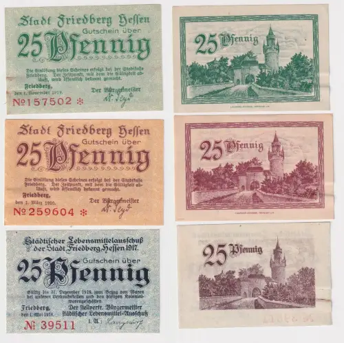 3 x 25 Pfennig Banknoten Notgeld Stadt Friedberg 1918/1920 (168717)