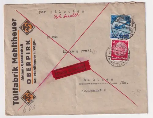 51703 Reklame Brief Tüllfabrik Oberpirk bei Mehlteuer nach Bautzen 1936