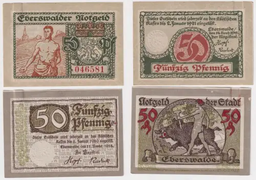 2 x 50 Pfennig Banknoten Stadt Eberswalde 1918/1919  (169086)