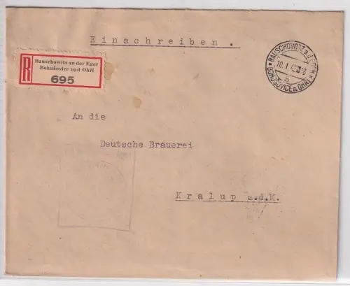 904385 Einschreiben Brief Rauschowitz an der Eger nach Kralup 1945