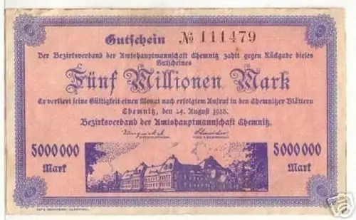 rare Banknote Inflation 5 Millionen Mark Chemnitz 1923