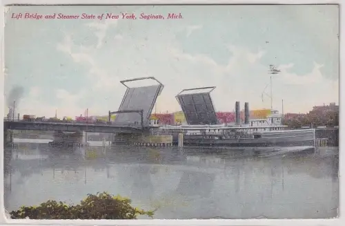 91313 AK Lift Bridge and Steamer State of New York Saginaw Michigan 1910