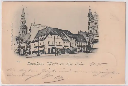 89634 AK Zwickau - Markt mit electrischer Bahn, Strumpfwarenhaus Helier 1898