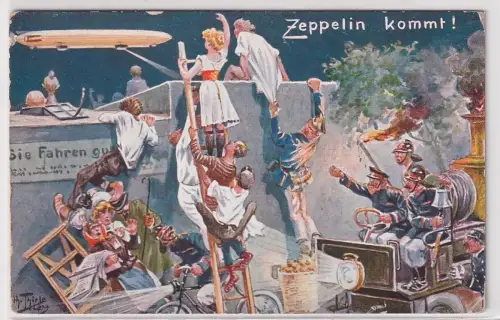 97665 Künstler Ak Arthur Thiele Humor Zeppelin kommt! um 1915