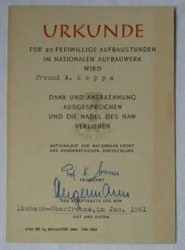 DDR Urkunde für 20 freiwillige Aufbaustunden NAW Limbach-Oberfrohna (113249)