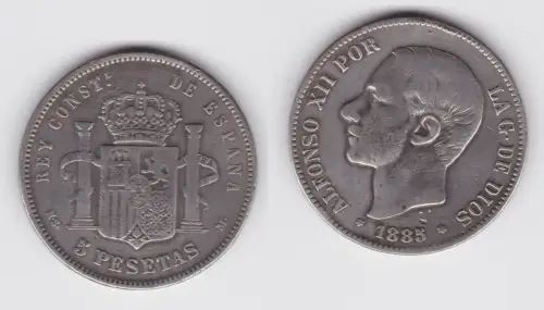 5 Pesetas Silber Münze Spanien Alfonso XII 1885 (134199)