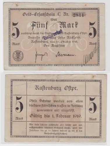 5 Mark Banknote Notgeld Ersatzschein Stadt Rastenburg 20.10.1918 (137287)