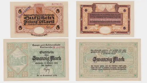 5 und 20 Mark Banknote Notgeld Stadt Karlsruhe 16.10.1918 (132026)