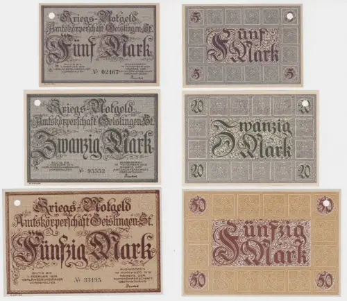 5, 20 und 50 Mark Banknoten Kriegsgeld Amtskörperschaft Geislingen 1918 (135776)