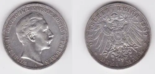 3 Mark Silbermünze Preussen Kaiser Wilhelm II 1909 Jäger 103  (122810)