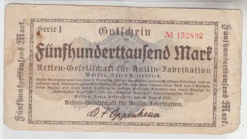 500000 Mark Banknote Wolfen AG für Anilin Fabrikation 15.08.1923 (105404)