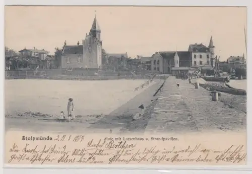  96893 Ak Stolpmünde (Ustka) Mole mit Lotsenhaus und Strandpavillon 1904